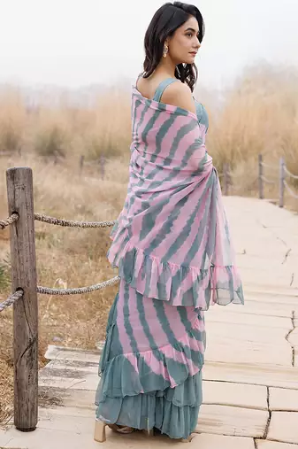 green & pink ruffled pre-stitched leheriya chiffon saree