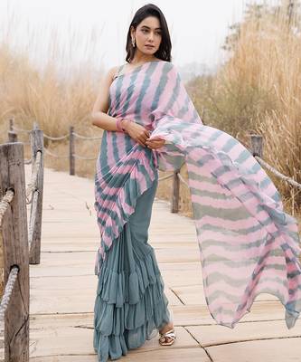 green & pink ruffled pre-stitched leheriya chiffon saree 3