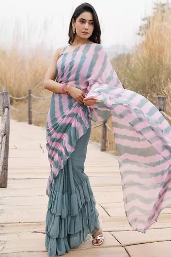 green & pink ruffled pre-stitched leheriya chiffon saree