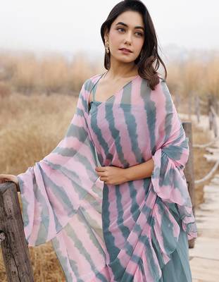 green & pink ruffled pre-stitched leheriya chiffon saree 4