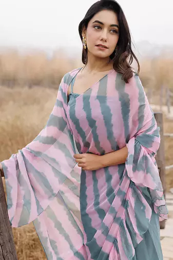green & pink ruffled pre-stitched leheriya chiffon saree