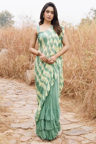green & yellow ruffled pre-stitched leheriya chiffon saree