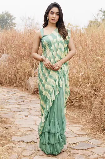 green & yellow ruffled pre-stitched leheriya chiffon saree