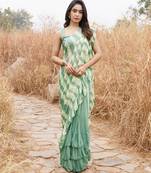 green & yellow ruffled pre-stitched leheriya chiffon saree