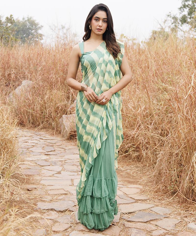 green & yellow ruffled pre-stitched leheriya chiffon saree