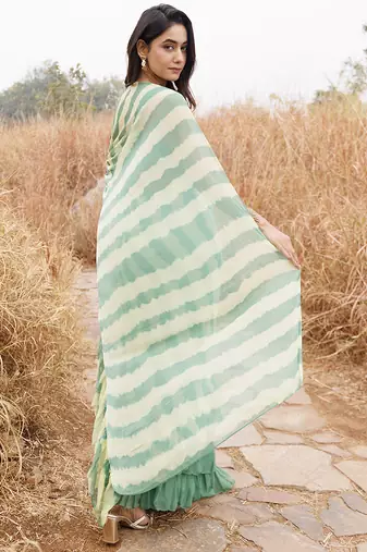 green & yellow ruffled pre-stitched leheriya chiffon saree