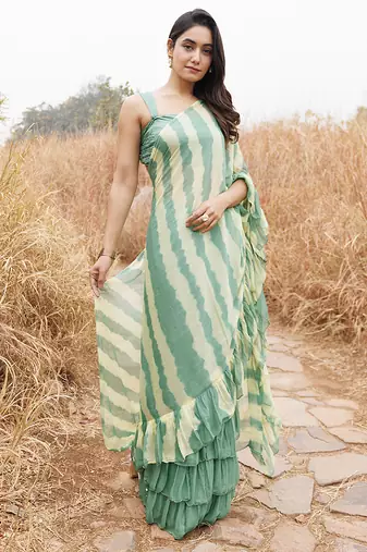 green & yellow ruffled pre-stitched leheriya chiffon saree