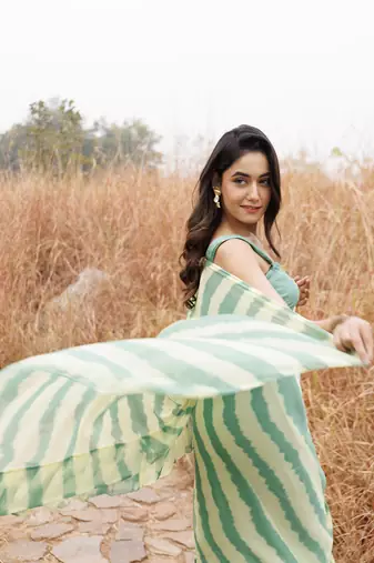 green & yellow ruffled pre-stitched leheriya chiffon saree
