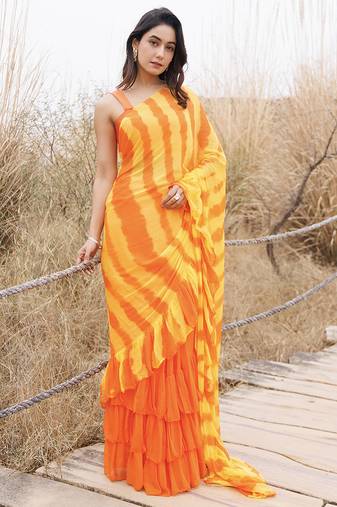 orange & yellow ruffled pre-stitched leheriya chiffon saree