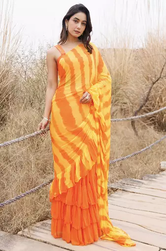 orange & yellow ruffled pre-stitched leheriya chiffon saree