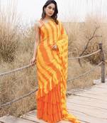 orange & yellow ruffled pre-stitched leheriya chiffon saree