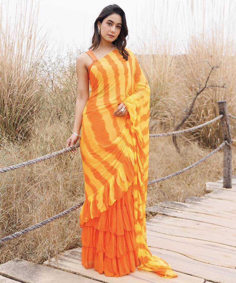 orange & yellow ruffled pre-stitched leheriya chiffon saree