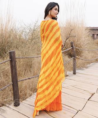 orange & yellow ruffled pre-stitched leheriya chiffon saree 2