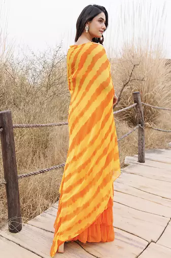 orange & yellow ruffled pre-stitched leheriya chiffon saree