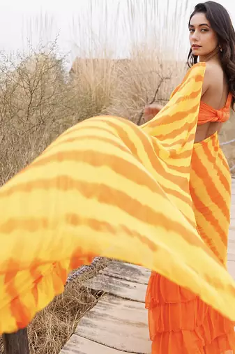 orange & yellow ruffled pre-stitched leheriya chiffon saree