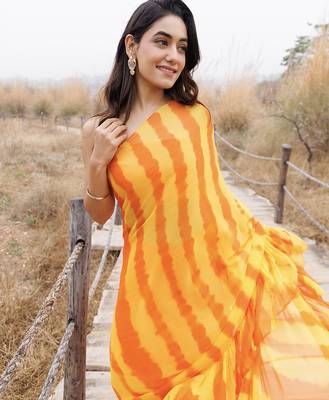 orange & yellow ruffled pre-stitched leheriya chiffon saree 5