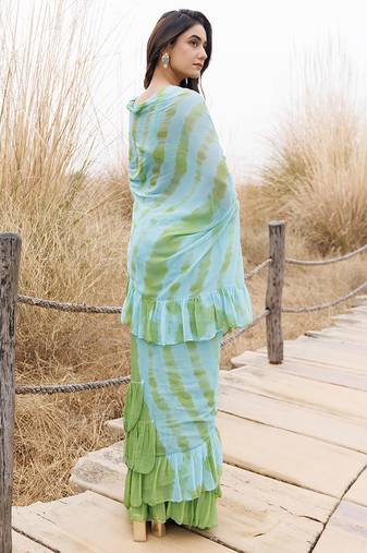 Green & blue ruffled pre-stitched leheriya chiffon saree