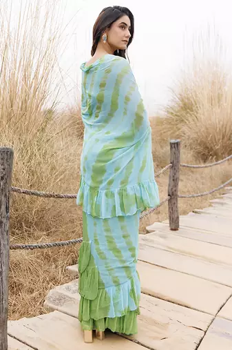 Green & blue ruffled pre-stitched leheriya chiffon saree