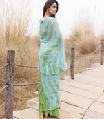 Green & blue ruffled pre-stitched leheriya chiffon saree