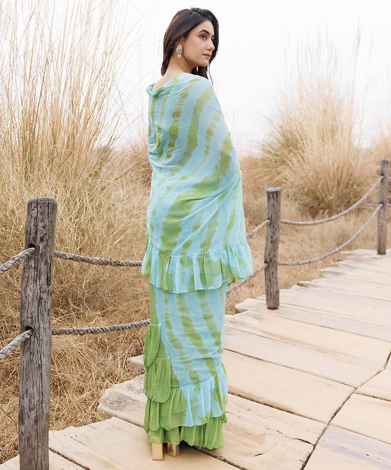Green & blue ruffled pre-stitched leheriya chiffon saree