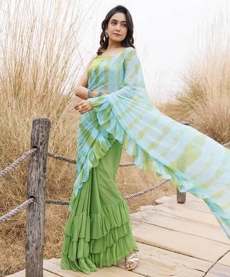 Green & blue ruffled pre-stitched leheriya chiffon saree 2