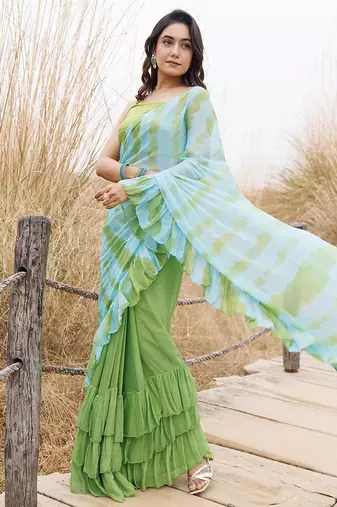 Green & blue ruffled pre-stitched leheriya chiffon saree