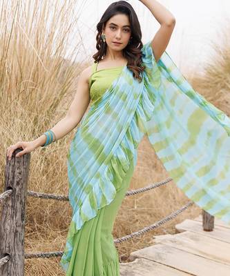 Green & blue ruffled pre-stitched leheriya chiffon saree 3