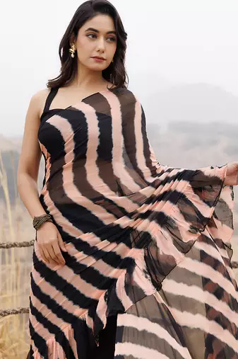 black & peach ruffled pre-stitched leheriya chiffon saree