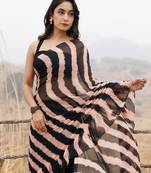 black & peach ruffled pre-stitched leheriya chiffon saree