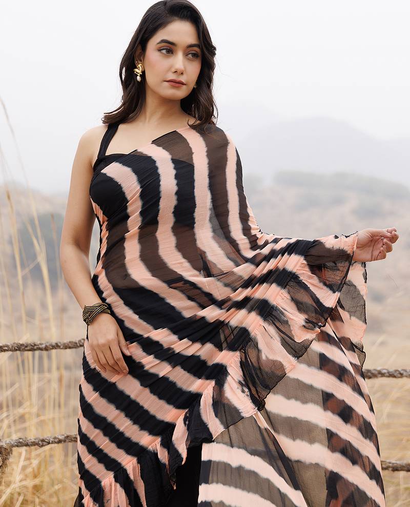 black & peach ruffled pre-stitched leheriya chiffon saree