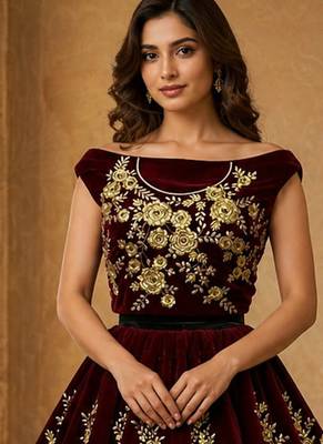 Dark Maroon Color Flower Fancy Embroidered With Sequence Work,Zari And Thread Embroidered Velvet Lehanga Choli 2