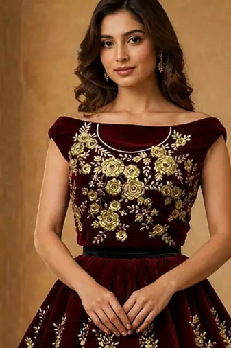 Dark Maroon Color Flower Fancy Embroidered With Sequence Work,Zari And Thread Embroidered Velvet Lehanga Choli