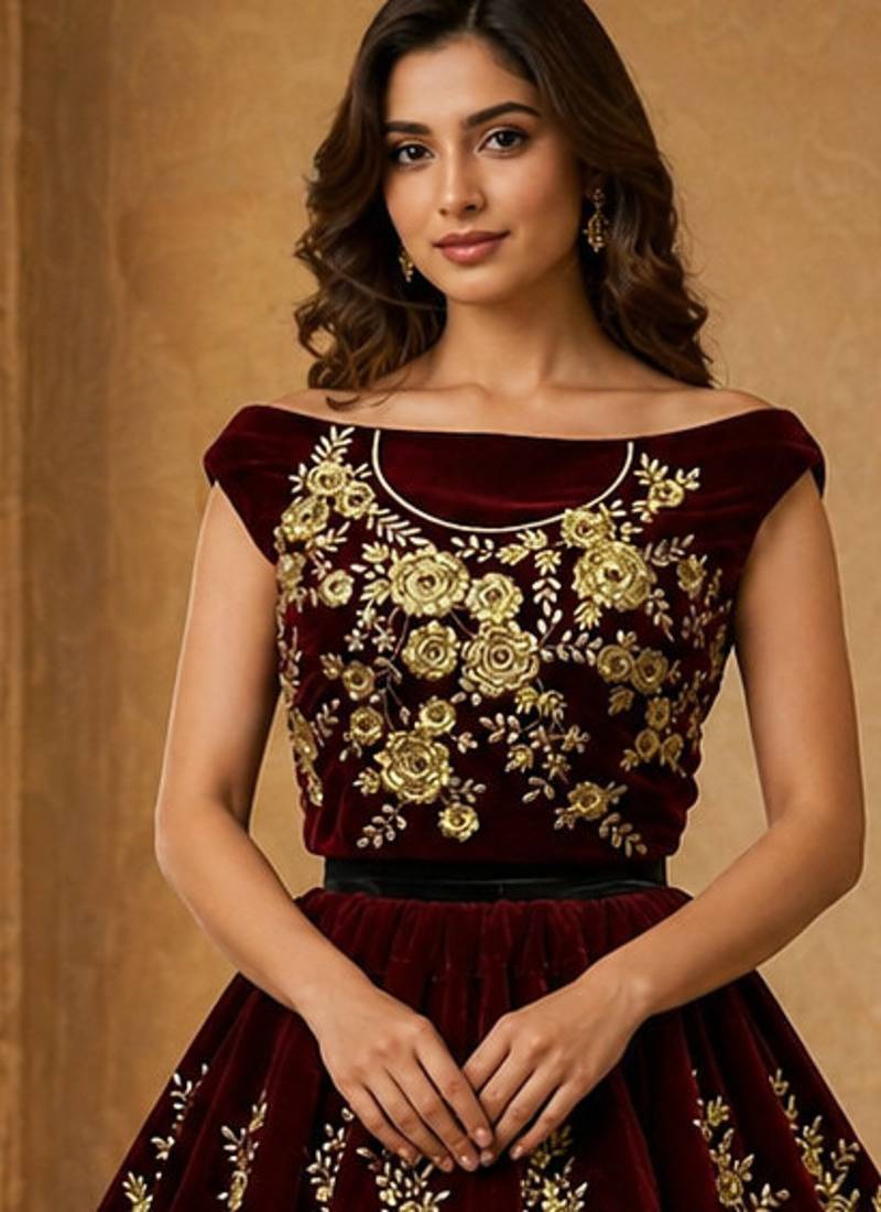 Dark Maroon Flower Fancy Embroidered With Sequin Zari And Thread Embroidered Velvet Lehanga Choli