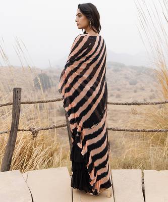 black & peach ruffled pre-stitched leheriya chiffon saree 3