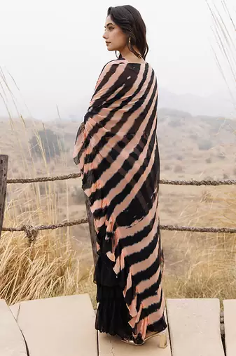 black & peach ruffled pre-stitched leheriya chiffon saree