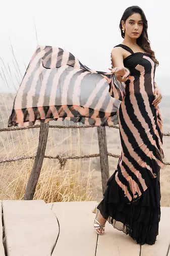 black & peach ruffled pre-stitched leheriya chiffon saree