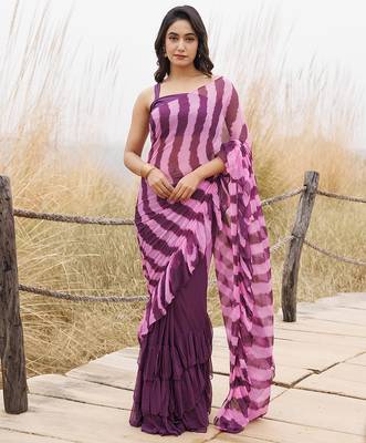 wine & pink ruffled pre-stitched leheriya chiffon saree 1
