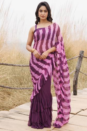 wine & pink ruffled pre-stitched leheriya chiffon saree