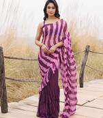 wine & pink ruffled pre-stitched leheriya chiffon saree