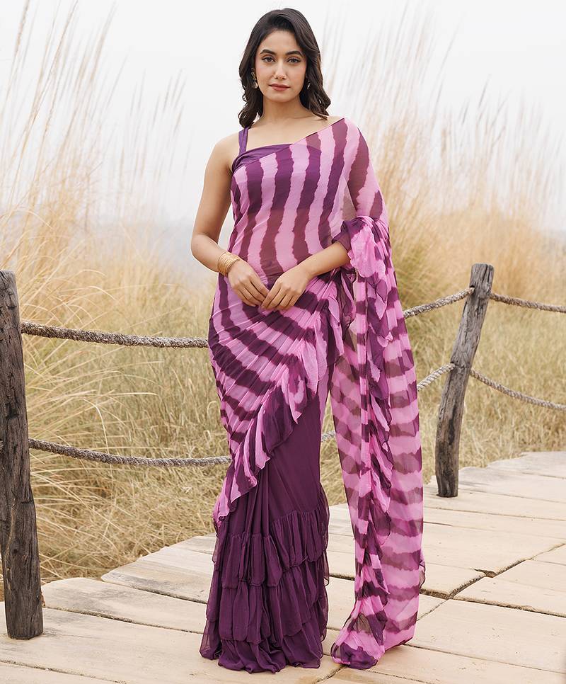 wine & pink ruffled pre-stitched leheriya chiffon saree