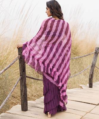 wine & pink ruffled pre-stitched leheriya chiffon saree 2