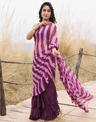 wine & pink ruffled pre-stitched leheriya chiffon saree 3
