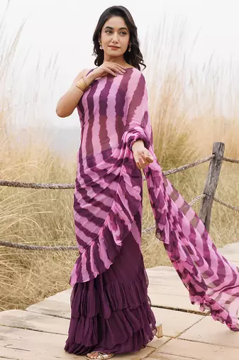 wine & pink ruffled pre-stitched leheriya chiffon saree