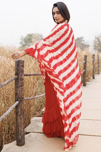 Red & cream ruffled pre-stitched leheriya chiffon saree