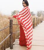 Red & cream ruffled pre-stitched leheriya chiffon saree
