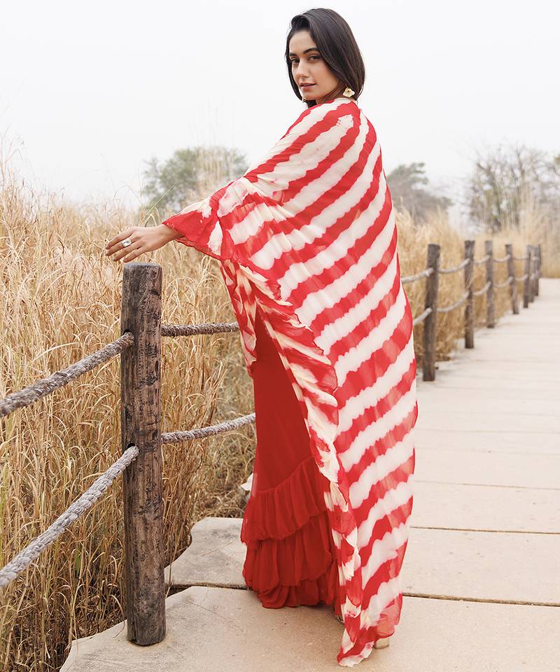 Red & cream ruffled pre-stitched leheriya chiffon saree