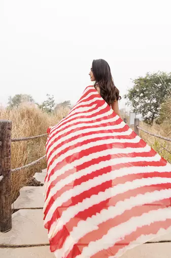 Red & cream ruffled pre-stitched leheriya chiffon saree