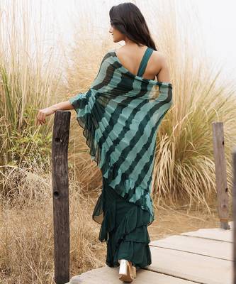 Green ruffled pre-stitched leheriya chiffon saree 1