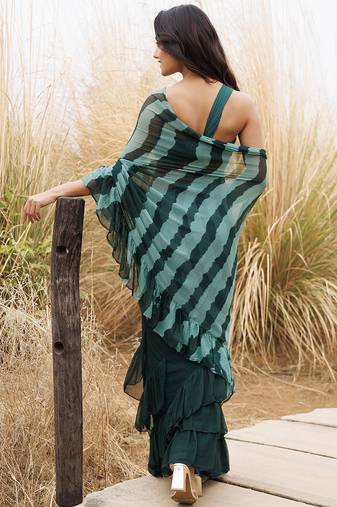 Green ruffled pre-stitched leheriya chiffon saree