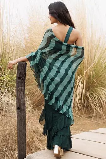 Green ruffled pre-stitched leheriya chiffon saree